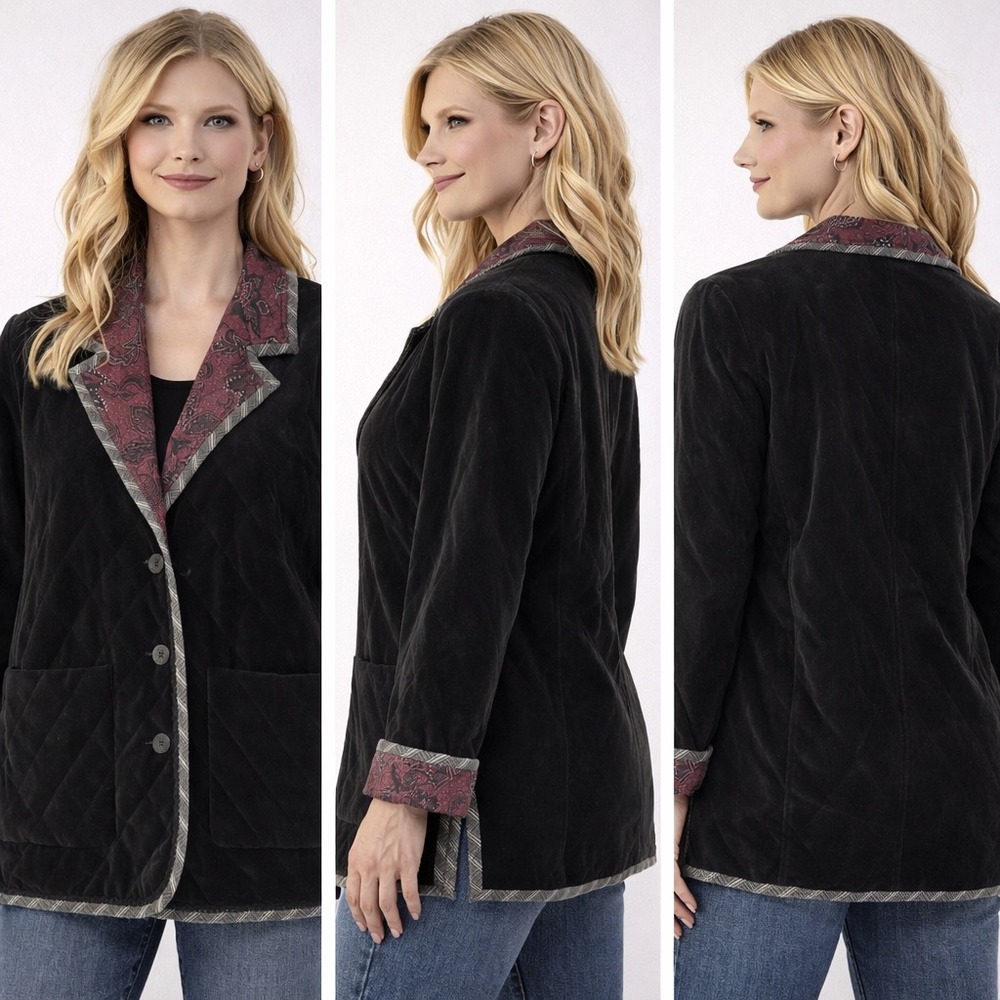 Koos of Course Womens Quilted Velvet Jacket Black Burgundy Paisley Blazer Size M